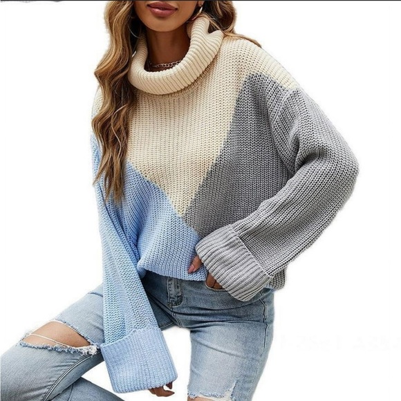Simplee colorblock knit turtleneck sweater in cream grey blue size small - Picture 1 of 9